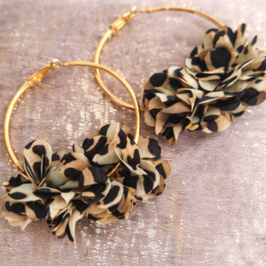 Leopard print floral hoop earrings with gold hoops and layered fabric flower detail from Stella’s Earrings in Moreletapark Pretoria East South Africa