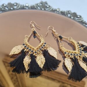 Gold Leaf & Black Tassel Chandelier Earrings