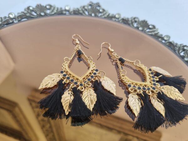 Gold Leaf & Black Tassel Chandelier Earrings