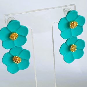 Matte Turquoise Flower Dangle Earrings – Cascading Floral Design with Gold Bud