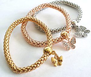 Rhinestone Butterfly Bracelet Set | Gold, Rose Gold & Silver | Snakeskin Texture