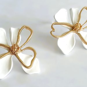 Large White Flower Stud Earrings with Gold Trim