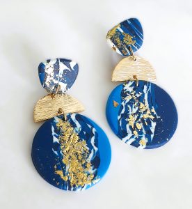 Deep blue marble and gold statement drop earrings with geometric layered design from Stella’s Earrings in Moreletapark Pretoria East South Africa