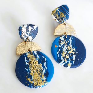Deep blue marble and gold statement drop earrings with geometric layered design from Stella’s Earrings in Moreletapark Pretoria East South Africa