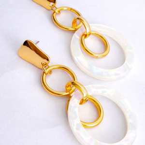 Gold and pearly white hoop drop earrings with elegant layered ring design from Stella’s Earrings in Moreletapark Pretoria East South Africa