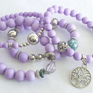 Lilac stackable beaded bracelet set with silver details and tree charm from Stella’s Earrings in Moreletapark Pretoria East South Africa