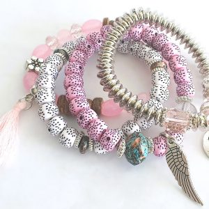 Pink, white and silver stackable beaded bracelet set from Stella’s Earrings in Moreletapark Pretoria East South Africa