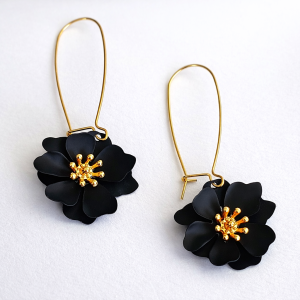 Black floral drop earrings with gold-tone hooks from Stella’s Earrings in Moreletapark Pretoria East South Africa