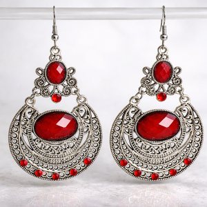Silver and red chandelier earrings with ornate filigree detail from Stella’s Earrings in Moreletapark Pretoria East South Africa