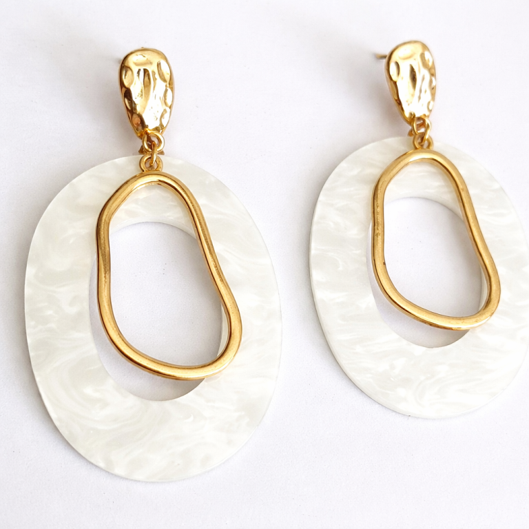 White and gold statement drop earrings with pearly finish from Stella’s Earrings in Moreletapark Pretoria East South Africa
